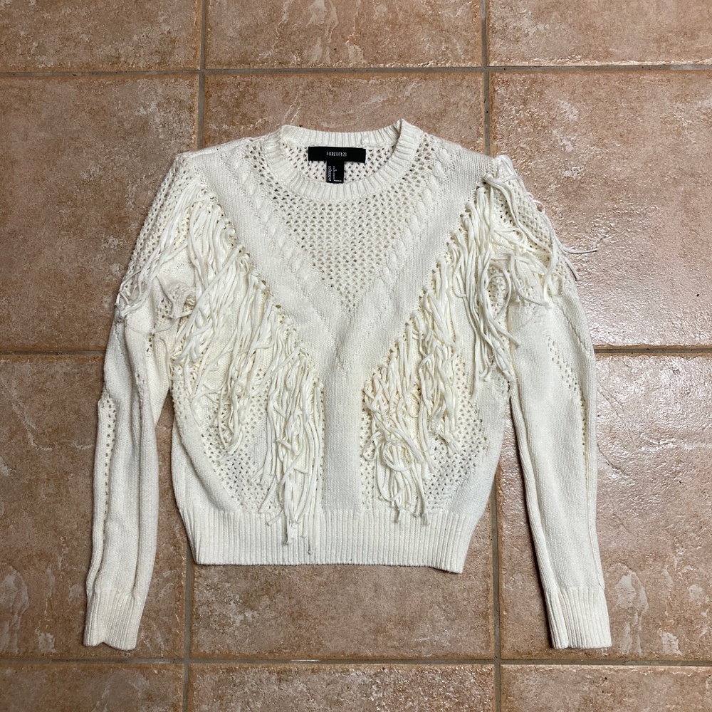 Forever 21 Cream Crochet Sweater with Fringe Detail Sz S